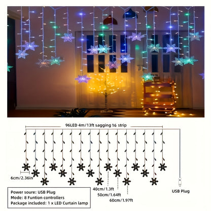4m USB Snowflake Icicle Lights with 96 Multicolor & Warm White LEDs – Indoor/Outdoor Fairy String Lights, 8 Dynamic Lighting Modes (Wave, Sequential, Slow/Fast Flash, Fade, Twinkle, Steady On), Perfect for Party and Holiday