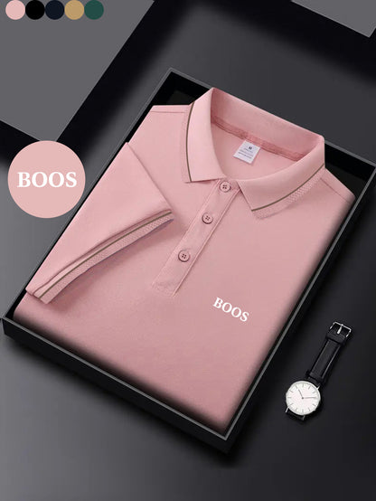 BOOS letter print, 1 premium Men's shirt, polyester fabric, regular fit, turn- collar top, summer short sleeve T-shirt, birthday gift, inner or outer wear, outdoor casual, sportswear, business casual, stylish and breathable, - ayq