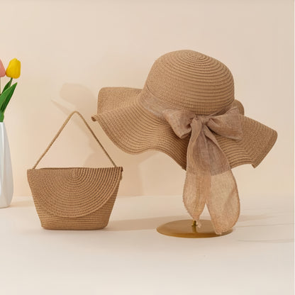 2pcs Women's Khaki Wave Beach Sun Hat & Woven Shoulder Bag Combo - Stylish Ruffled Brim Design, Lightweight & Breathable for Spring/Summer Beach Vacations and Outdoor Activities, Beach Accessories