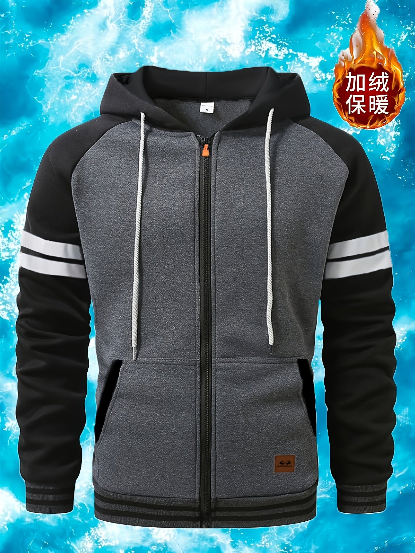 Men's 2025 Autumn East New Zipper Hoodie - Black & Grey Color-Block Contrast with White Piping, Full-Zip Closure, Chest Pocket & Adjustable Hood, Casual Streetwear for Teen Boys & Young Men, Durable Everyday Outerwear