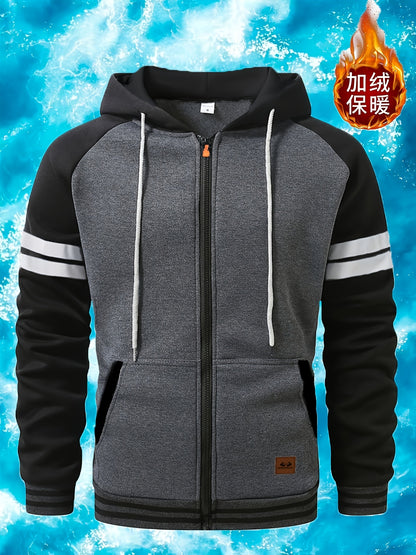 Men's 2025 Autumn East New Zipper Hoodie - Black & Grey Color-Block Contrast with White Piping, Full-Zip Closure, Chest Pocket & Adjustable Hood, Casual Streetwear for Teen Boys & Young Men, Durable Everyday Outerwear