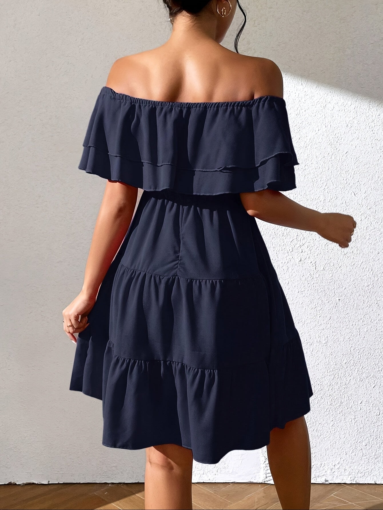 Women'S Off the Shoulder Ruffle Hem Casual Dress, Polyester 100%, Solid Color, Fitted, Woven, for All Seasons