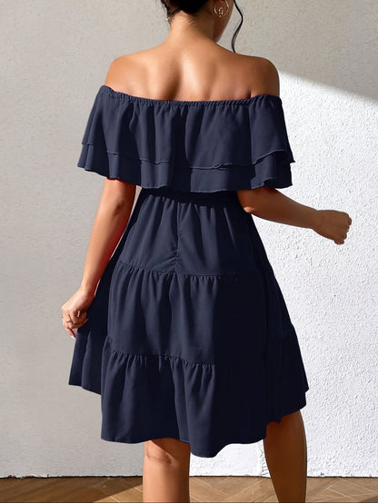 Women'S Off the Shoulder Ruffle Hem Casual Dress, Polyester 100%, Solid Color, Fitted, Woven, for All Seasons