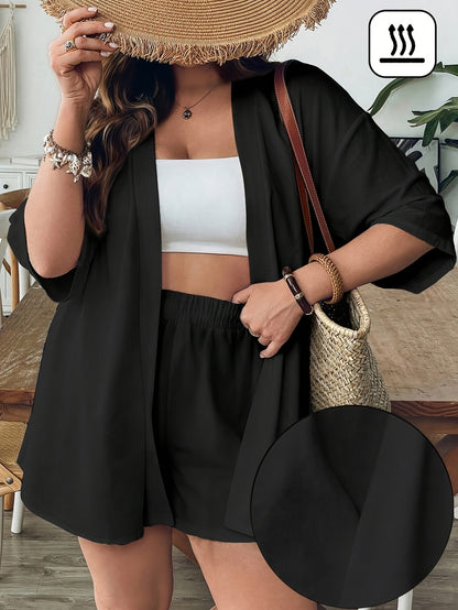 Plus Size Women's Black Casual 2-Piece Set with Cardigan & Shorts
