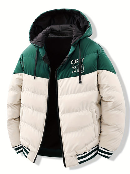 Men's Modern Streetwear Hooded Jacket with Embroidered Lettering, Color-Block Design, Removable Hood & Polyester Fill - Machine Washable Long Sleeve Coat with Pockets for Fall Winter Casual Wear