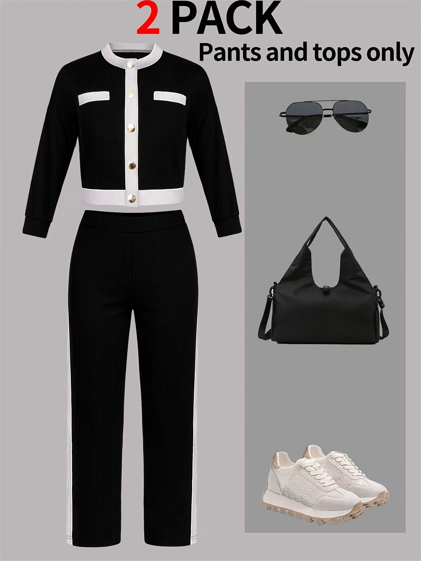 Autumn And Winter Women'S Outfit - Stylish Color-Blocked Fitted Long-Sleeve Top with a Round Neck And Versatile High-Waisted Comfortable Straight-Leg Pants