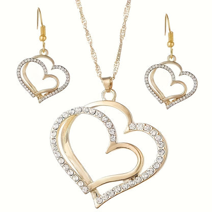A Creative And Unique Jewelry Set Consisting Of 1 Pair Of Earrings And 1 Necklace, Featuring A Sparkling Heart-shaped Design With Shiny Rhinestones, Perfect For Accessorizing Daily Outfits Or Party Wear.