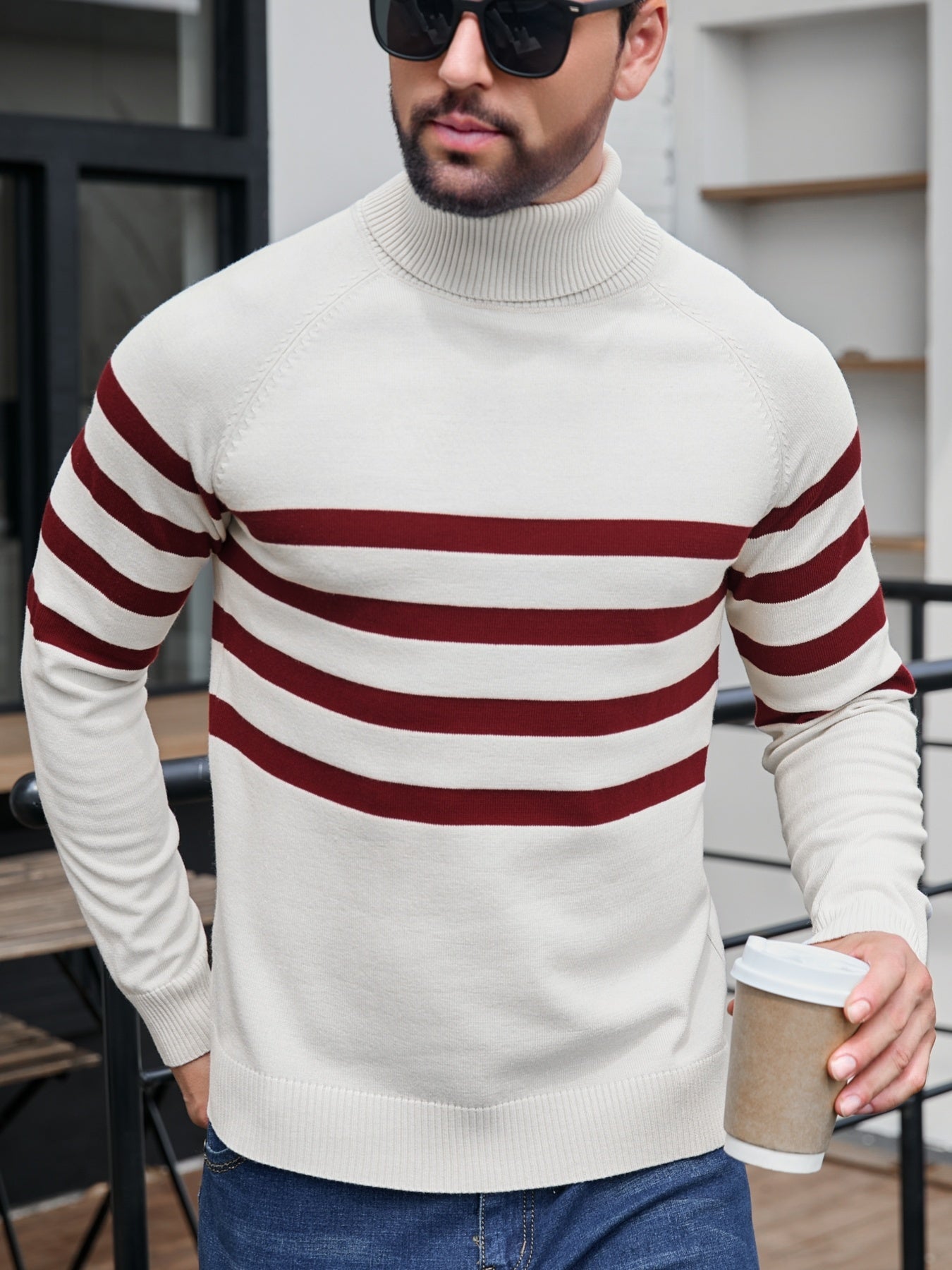 Men's High Neck Long Sleeve Striped Contrast Color Pullover Sweater - ayq