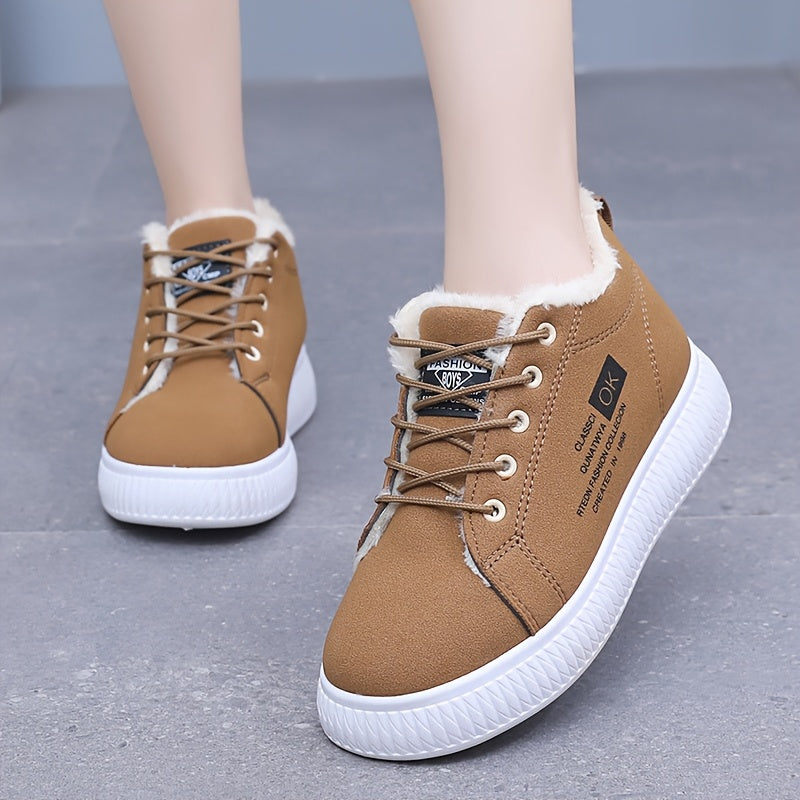 Կանացի ձմեռային ձնագնացքներ - Կաշվեանման օձիքով և փափուկ ներդիրով - Չսահող PVC ներբան, հաստ տաք շագանակագույն/բեժ արհեստական վերնամաս - ս/ Համատեղելի է սառույցի, ձյան, ցեխի համար - Ցուրտ եղանակի ճանապարհային կցում