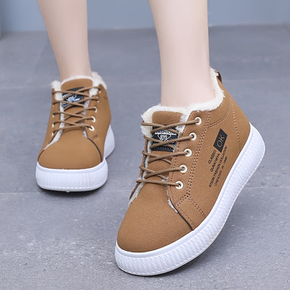 Կանացի ձմեռային ձնագնացքներ - Կաշվեանման օձիքով և փափուկ ներդիրով - Չսահող PVC ներբան, հաստ տաք շագանակագույն/բեժ արհեստական վերնամաս - ս/ Համատեղելի է սառույցի, ձյան, ցեխի համար - Ցուրտ եղանակի ճանապարհային կցում