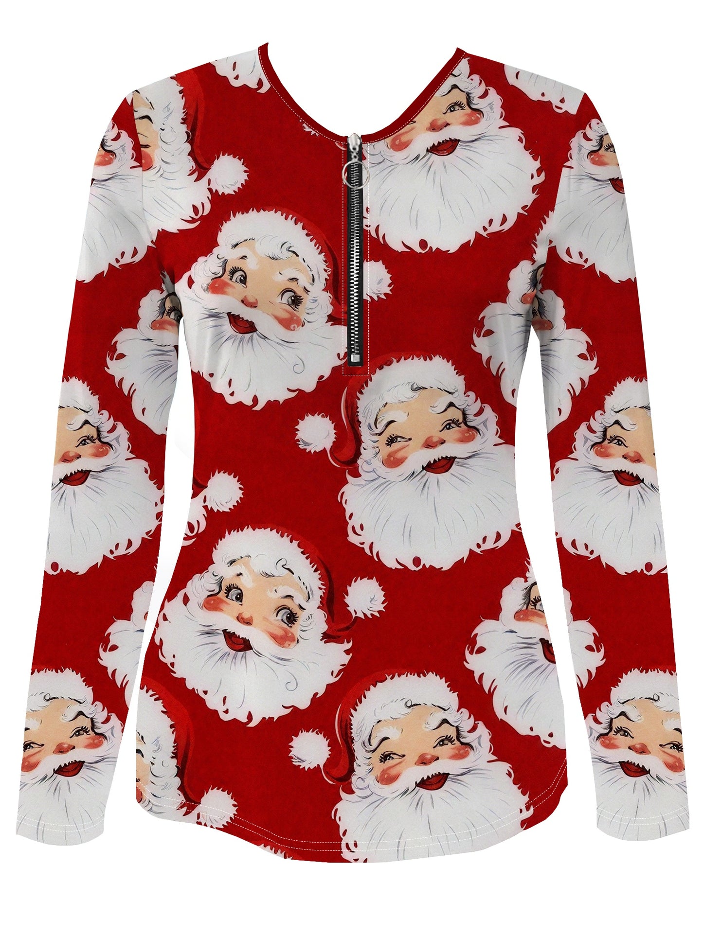 Plus Size, Plus Size Women's Christmas Santa Claus Print Sweater Dress-Like Jacket - Red & Full-Zip Long Sleeve Coat with White Collar, Machine Washable Polyester Holiday Party Outfit for Xmas, Office & Winter Events (Santa F - ayq