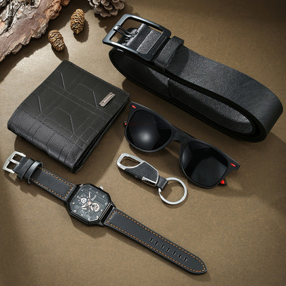 5 հատ նոր ժամացույցի նրբագեղ նվերների տուփի հավաքածու - բարձրակարգ գեղեցիկ արհեստական ​​կաշվե ժամացույց՝ նորաձև ակնոցներով, նորաձև բանալիի շղթայով, ամենօրյա դրամապանակով և գոտիով, կատարյալ նվեր