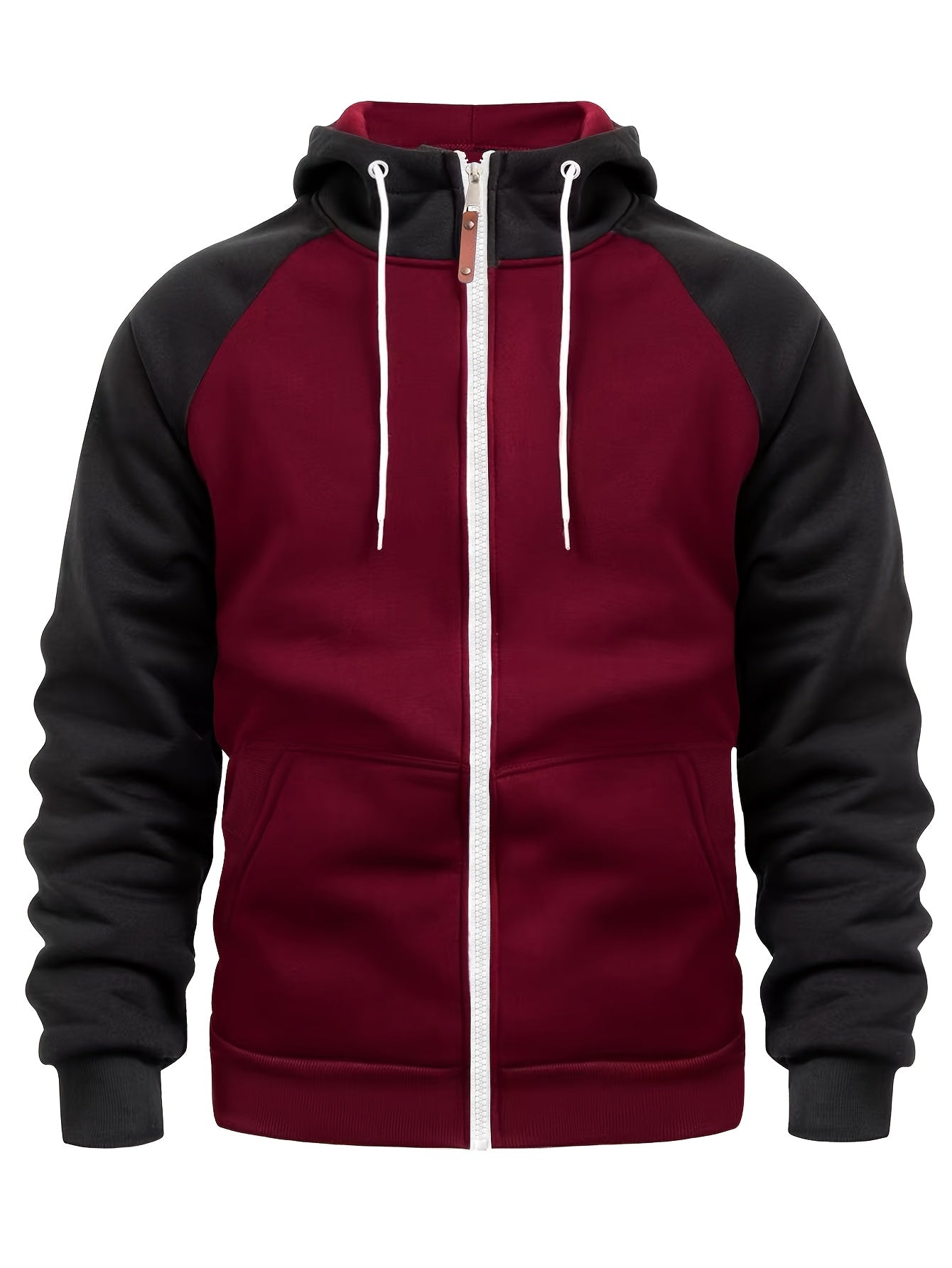 Տղամարդու ոճային գունային բլոկներով վերնաշապիկ՝ առօրյա, կայծակաճարմանդով և գլխարկով սվիտեր՝ առջևի գրպաններով, երկար թևքերով և երիզներով՝ շագանակագույն և սև դիզայնով, հարմարավետ աշնանային և ձմեռային հագուստի համար։