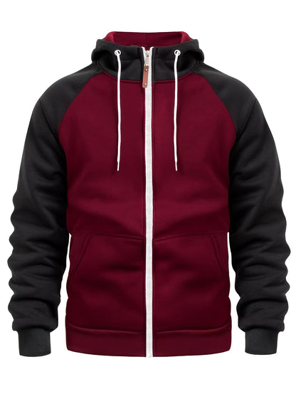 Տղամարդու ոճային գունային բլոկներով վերնաշապիկ՝ առօրյա, կայծակաճարմանդով և գլխարկով սվիտեր՝ առջևի գրպաններով, երկար թևքերով և երիզներով՝ շագանակագույն և սև դիզայնով, հարմարավետ աշնանային և ձմեռային հագուստի համար։