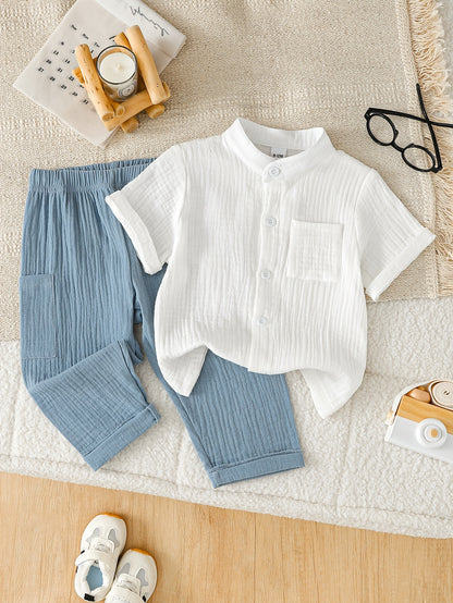 Boys' Casual Spring/Summer Set Stand Collar Shirt & Pants