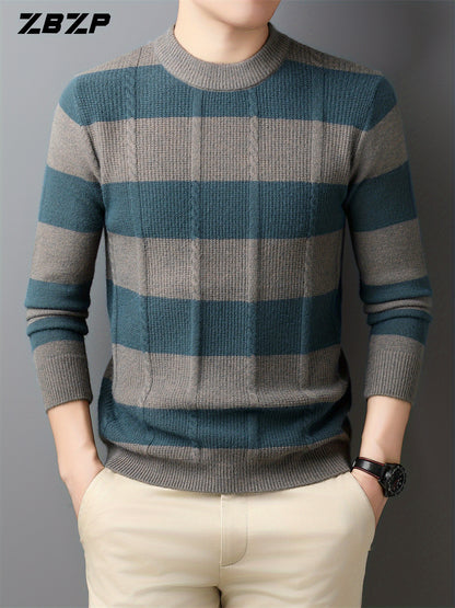 ZBZP Men'S Casual Striped Knit Sweater - Dark Gray & White Horizontal Stripes, Round Neck Long Sleeve, Regular Fit, Autumn Winter Warm Pullover for Casual Attire, Knit Sweater, Comfortable Fashion, Soft Texture, Cold Weather