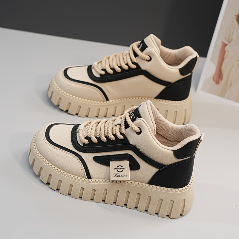 1 Pair Women'S Fashion Mid-Top Casual Sneakers, PU Upper, Fabric Lining, Rubber Sole, and EVA Insole, Lace-Up Design, with All-Season Versatile Athletic Shoes