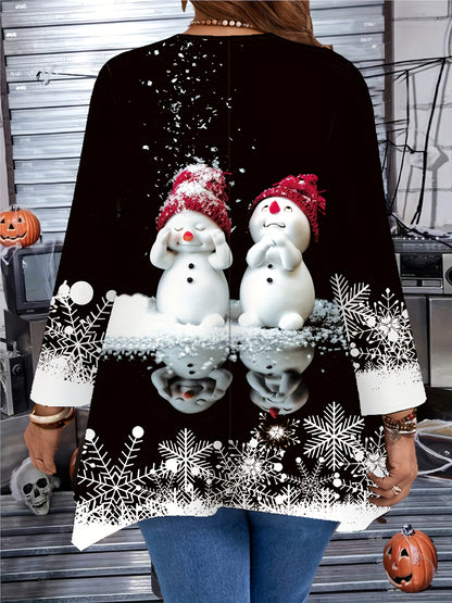 Plus Size, Plus Size Women's Elegant Snowman Print Long Sleeve T-Shirt - Asymmetrical Hem Winter Sweater-like Blouse, Stretchy Round Neck Top for Christmas Party, Casual & Semi-Formal Wear, Machine Washable (Black/White Snowf
