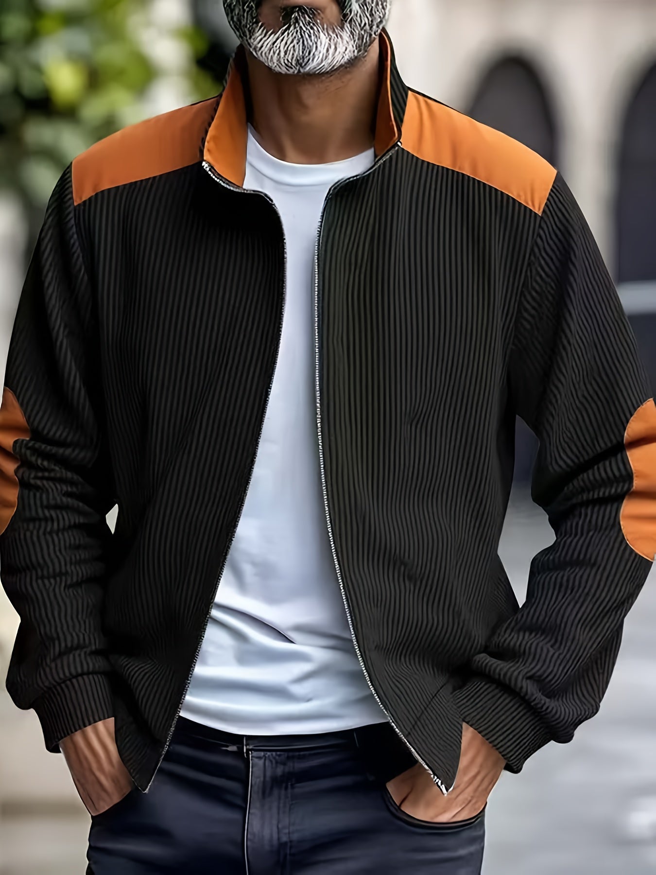 Men'S Long Sleeve Patchwork Fashion Warm Jacket, Corduroy Long Sleeve Warm Coat with Zipper Stand Collar Long Sleeve Casual Comfortable Autumn and Winter Style