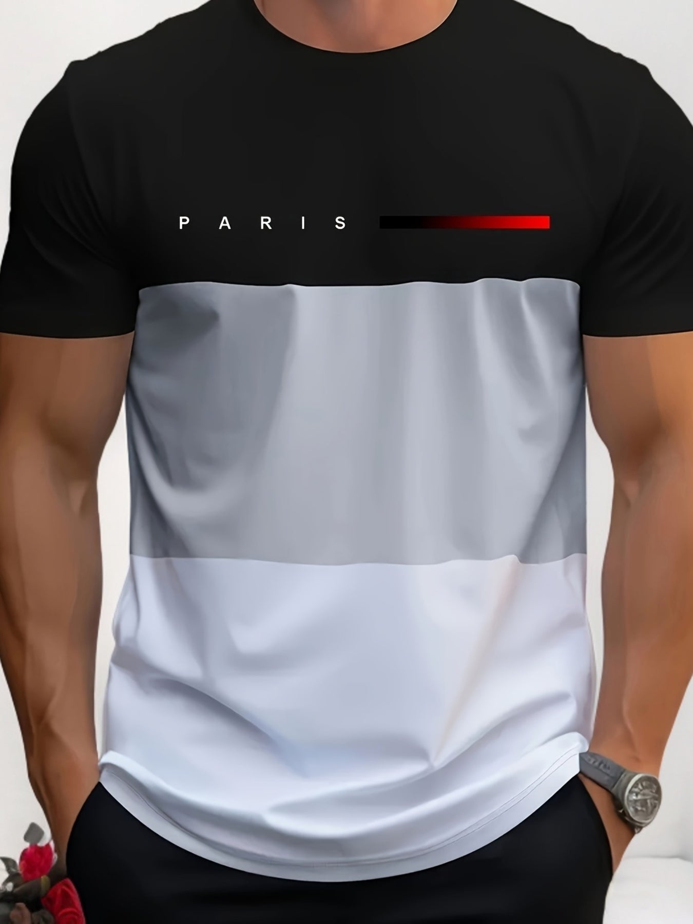 Men's Casual Crew Neck T-Shirt with Paris Print, Short Sleeve Knit Polyester Blend Top for Spring/Summer Outdoor Activities, Tee Shirts