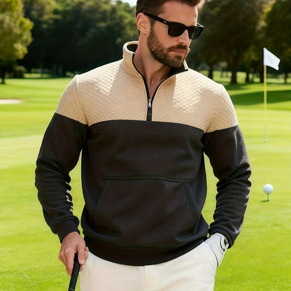 Տղամարդու աշնանային և ձմեռային կիսաճտքավոր սպորտային սվիտեր՝ հարմար մարզումների, վազքի և ֆիթնեսի համար, ոճային և հարմարավետ դիզայնով, փոքր վանդակավոր կանգնած օձիքով և հասանելի է մեծ չափսերով։