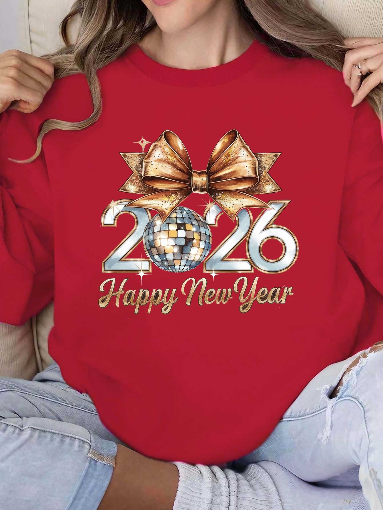 Women'S 2026 Happy New Year Disco Ball Sweatshirt - Black with Golden Glitter & Bow Graphic, Cozy Round Neck Long Sleeve Casual Pullover for Winter, Festive Party Outfit & Casual Attire, New Year Shirt, Yorkshire Terrier Swea