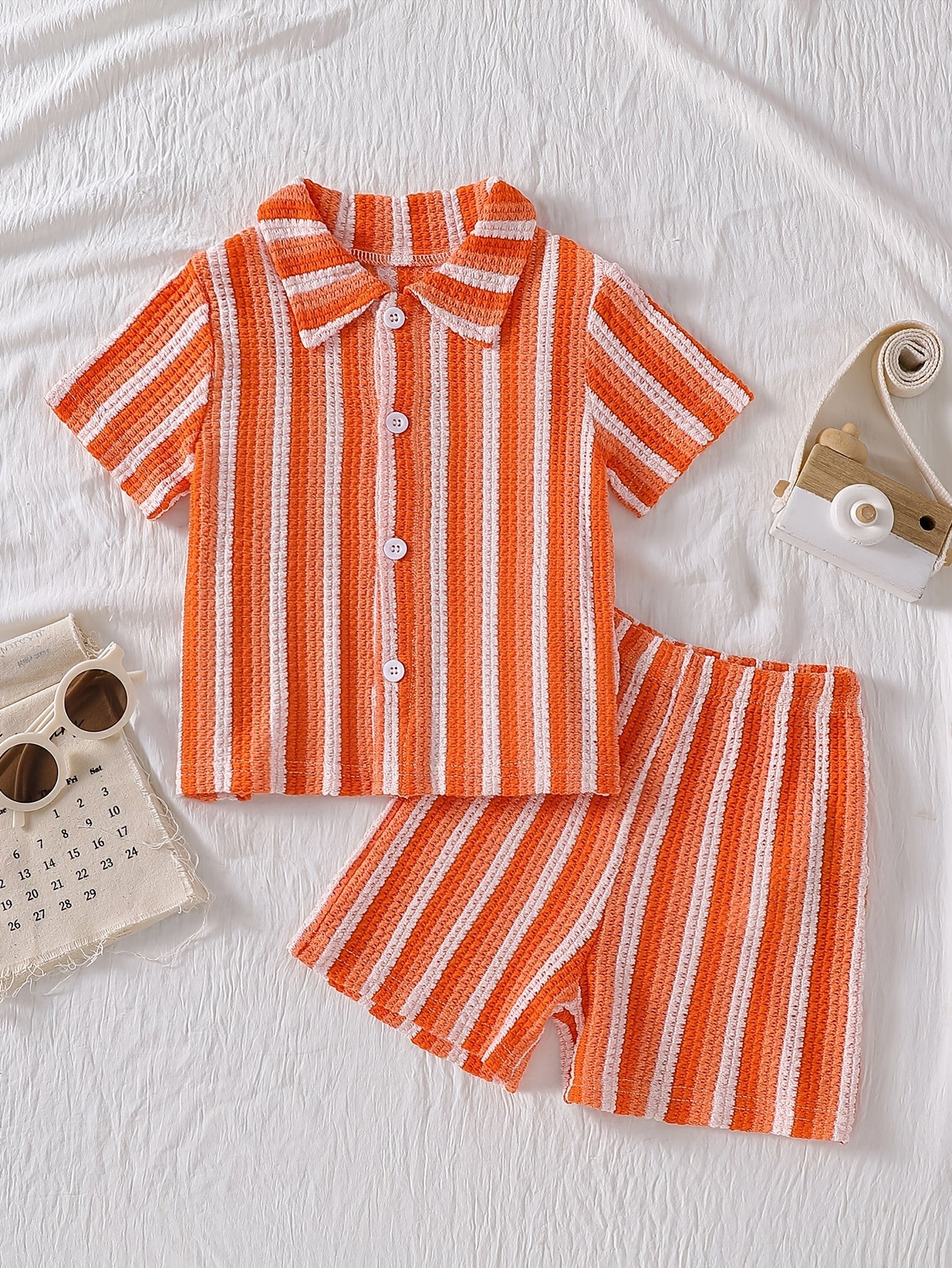 Boys' Summer Striped Waffle Knit Shirt & Shorts Set