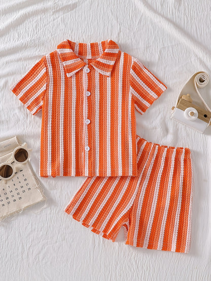 Boys' Summer Striped Waffle Knit Shirt & Shorts Set