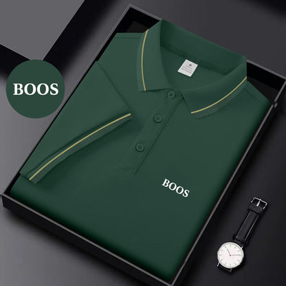 BOOS letter print, 1 premium Men's shirt, polyester fabric, regular fit, turn- collar top, summer short sleeve T-shirt, birthday gift, inner or outer wear, outdoor casual, sportswear, business casual, stylish and breathable, - ayq
