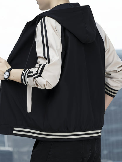 Men's Hooded Color Block Zipper Coat for Spring & Autumn