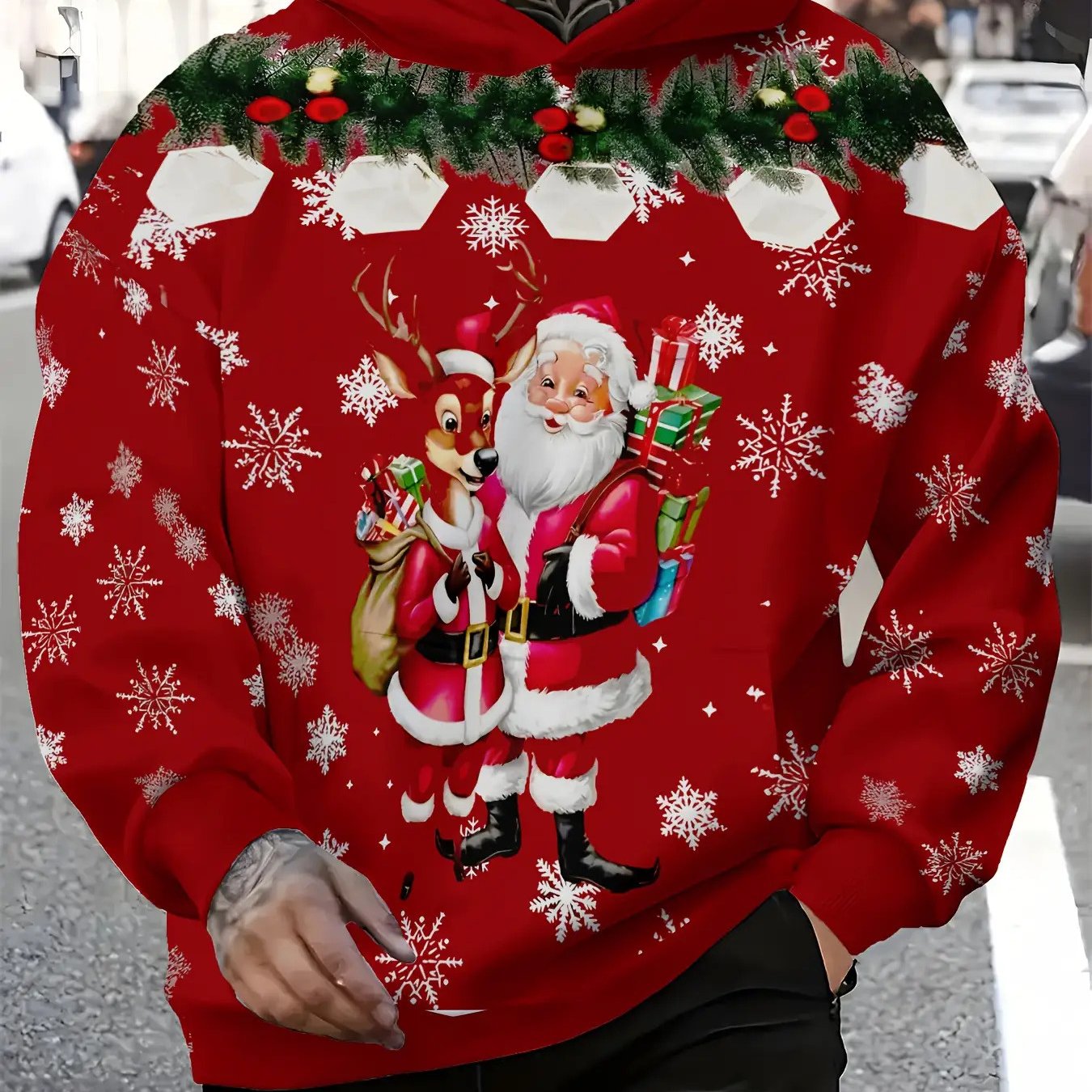 Men's Full-Body Snowflake & Santa Print Christmas Sweater Jacket with Pockets - Red Festive Hooded Pullover, Winter Party Outfit, Casual Seasonal Clothing, Durable for holiday Events & Daily Wear, PLUS SIZE