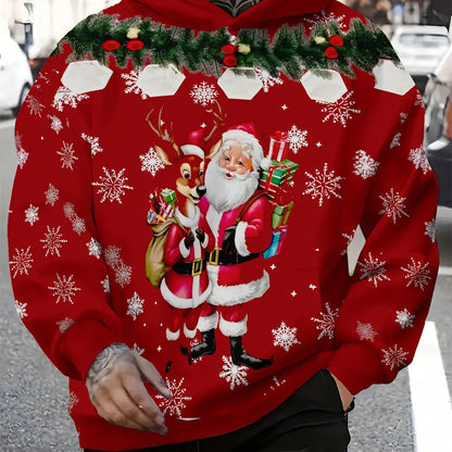 Men's Full-Body Snowflake & Santa Print Christmas Sweater Jacket with Pockets - Red Festive Hooded Pullover, Winter Party Outfit, Casual Seasonal Clothing, Durable for holiday Events & Daily Wear, PLUS SIZE