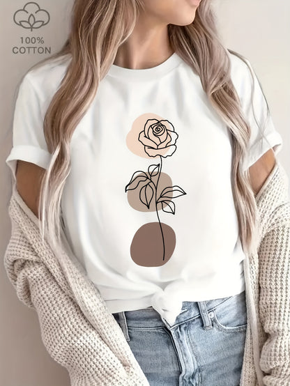 Women's Casual Cotton T-Shirt with Minimalist Floral Print