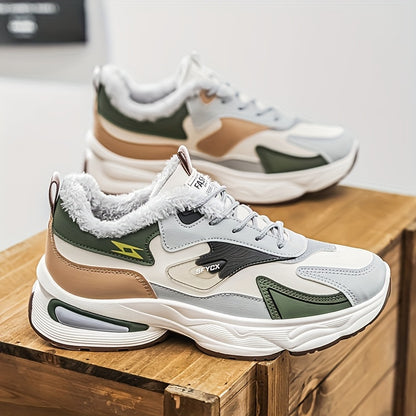 Men's Winter Sneakers with Plush Collar - Beige/Grey/Green PU Upper, Thick Rubber Sole & Traction Tread - Low-Top Lace-Up Warm Shoes for Cold Weather, Casual & Sports (White Accent)