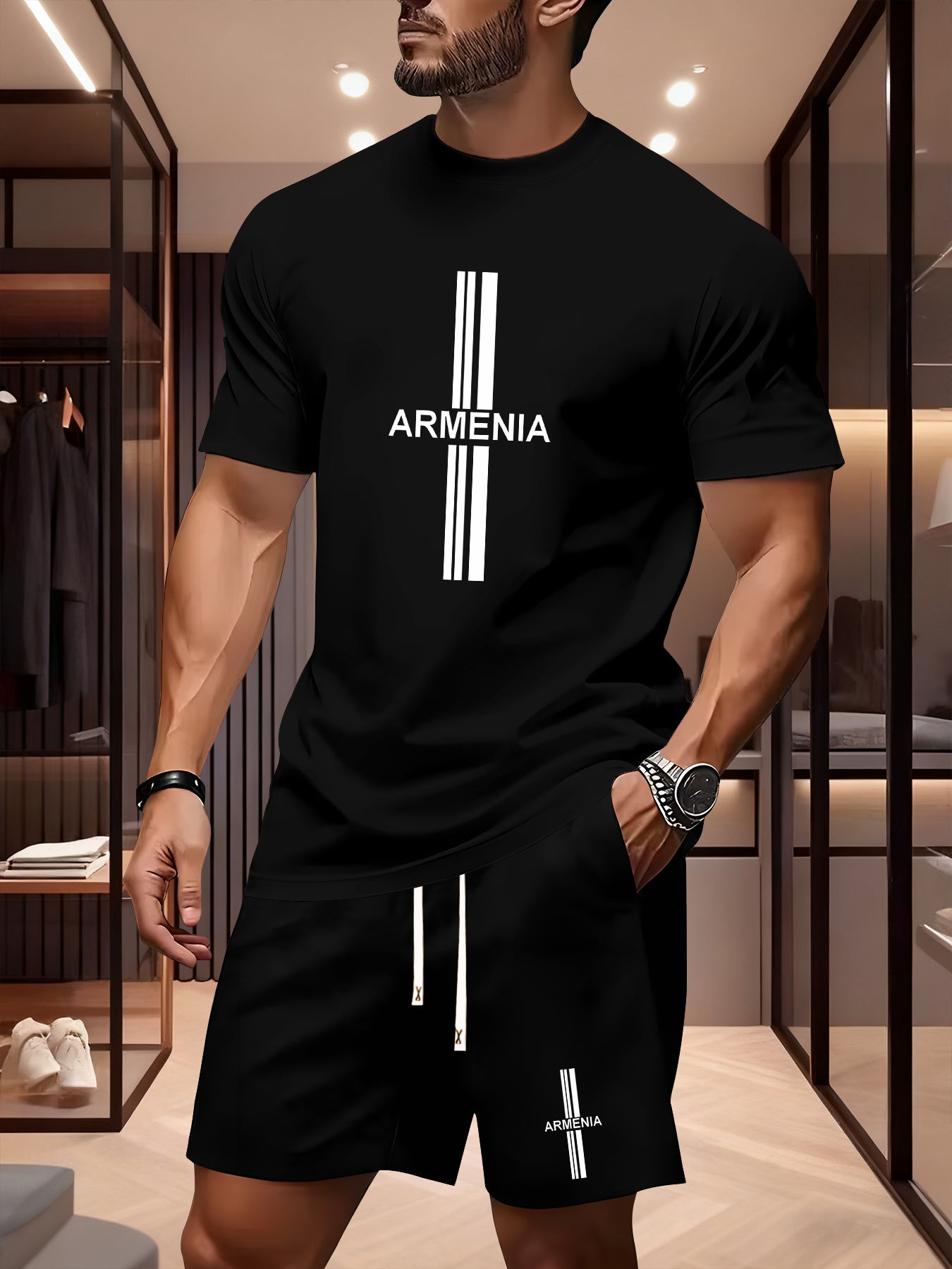 Men's Summer Casual Sport Set with White Striped Design