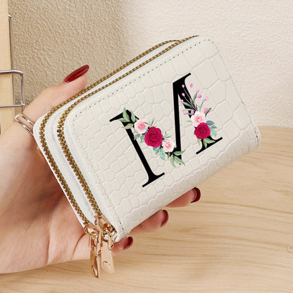 Minimalist Women'S Short Wallet Featuring a Double Zipper Design, with a Crocodile A-Z Letter Pattern. This Stylish Handbag Also Serves As a Fashionable Coin Wallet, Perfect for Travel, Back-To-School, Or Parties.