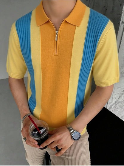 Men's Striped Knit Polo Shirt with Half-Zip for Summer Workwear