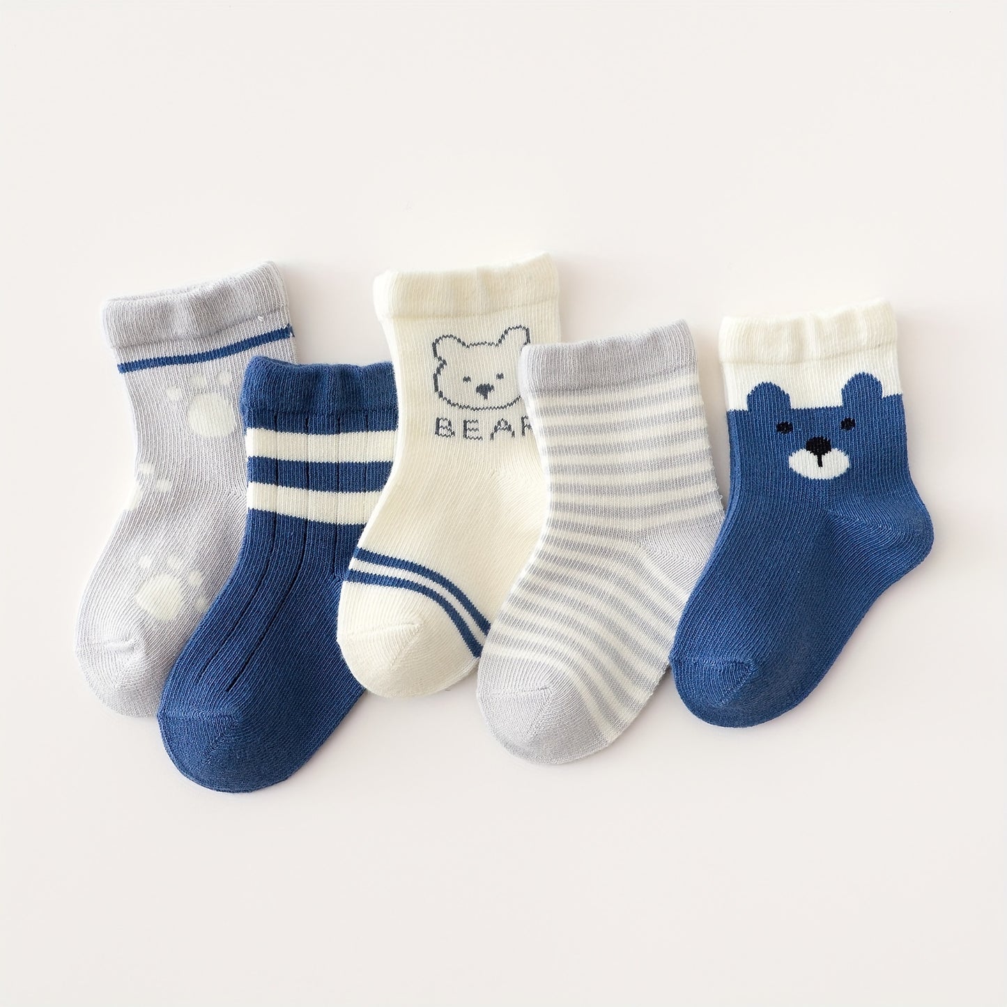 5pairs Cute Bear Footprint Striped Knit Socks, Soft Comfortable Thin Breathable Socks Baby Boys And Girls Accessories