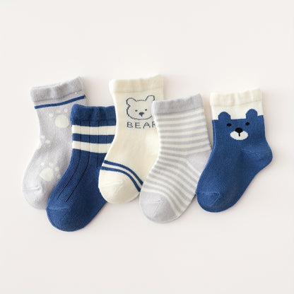 5pairs Cute Bear Footprint Striped Knit Socks, Soft Comfortable Thin Breathable Socks Baby Boys And Girls Accessories
