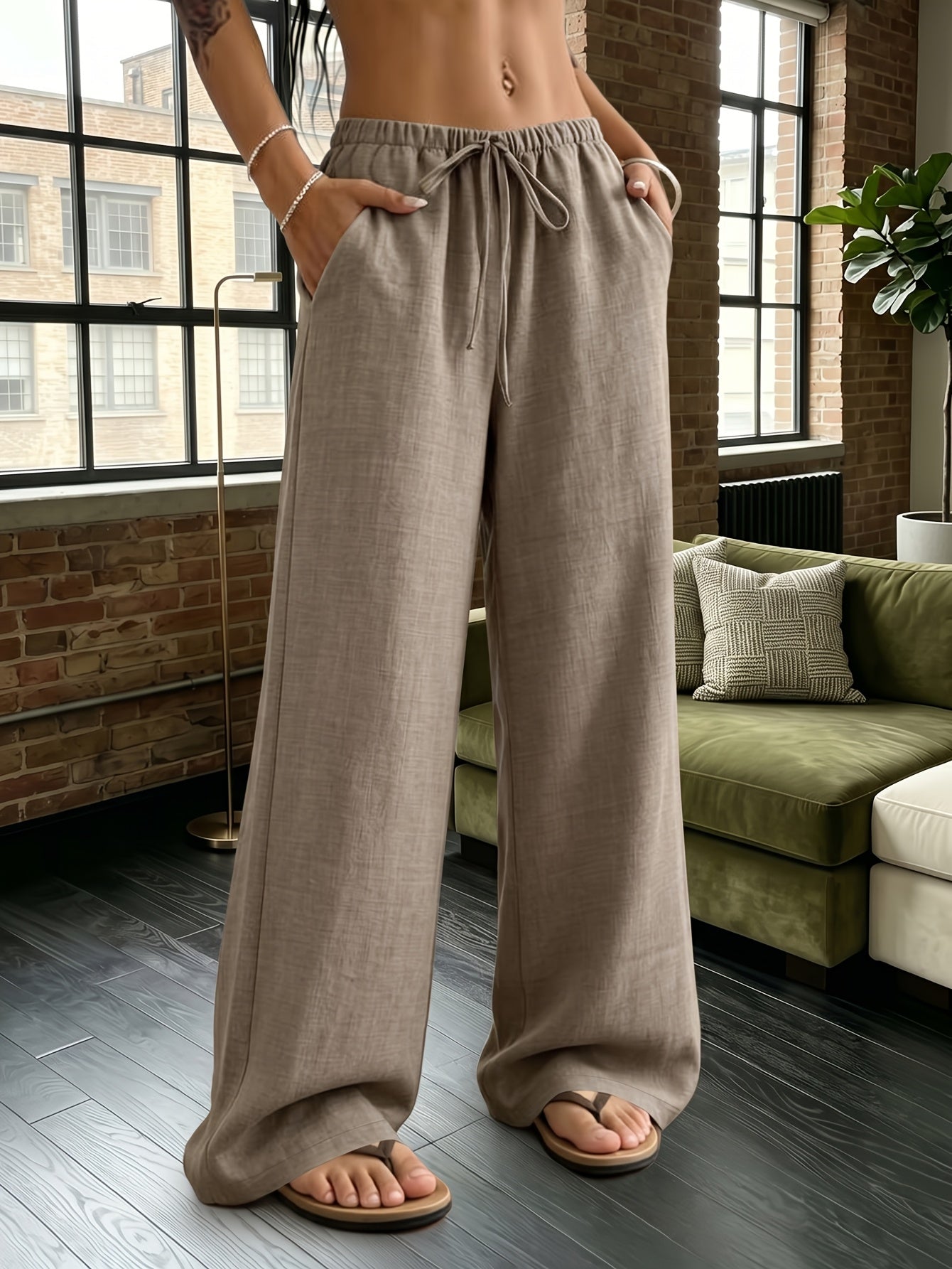 Women's Elegant Wide-Leg Workout Pants - Stretch Polyester Trousers