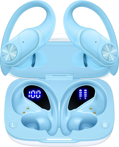 Pocbuds Bluetooth Headphones Wireless Earbuds 80Hrs Playtime Wireless Charging Case Digital Display Sports Ear Buds with Earhook Deep Bass IPX7 Waterproof Over-Ear Earphones for TV Phone Laptop Black