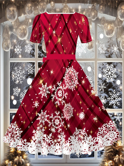 Women's Elegant Red & White Snowflake Print Winter Dress with Square Neckline & A-Line Silhouette - Machine Washable Floor-Length Party Dress for Christmas, New Year's Eve, Everyday & Formal Events - Festive Winter Outfits, F
