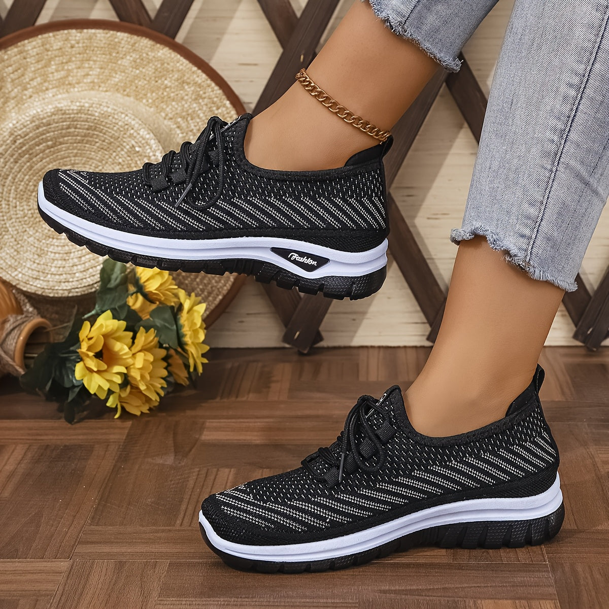 Women'S Knit Casual Sneakers - Stylish Striped Weave Pattern, Breathable Non-Slip Comfort Shoes with Rubber Sole for Outdoor Wear