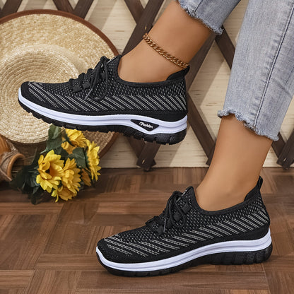 Women'S Knit Casual Sneakers - Stylish Striped Weave Pattern, Breathable Non-Slip Comfort Shoes with Rubber Sole for Outdoor Wear
