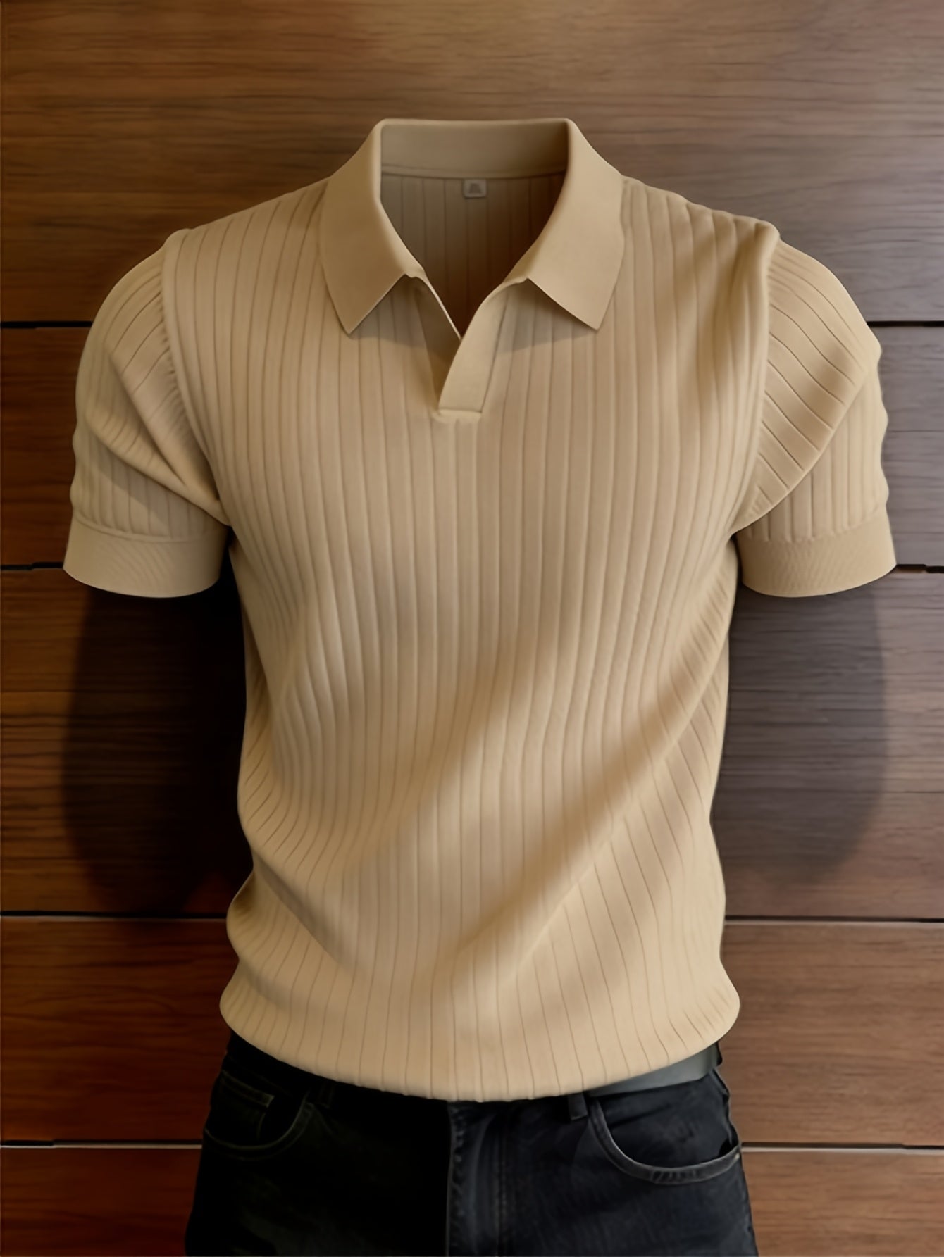 Men's Slim Fit Vertical Rib Knit Polo Shirt for Spring Summer