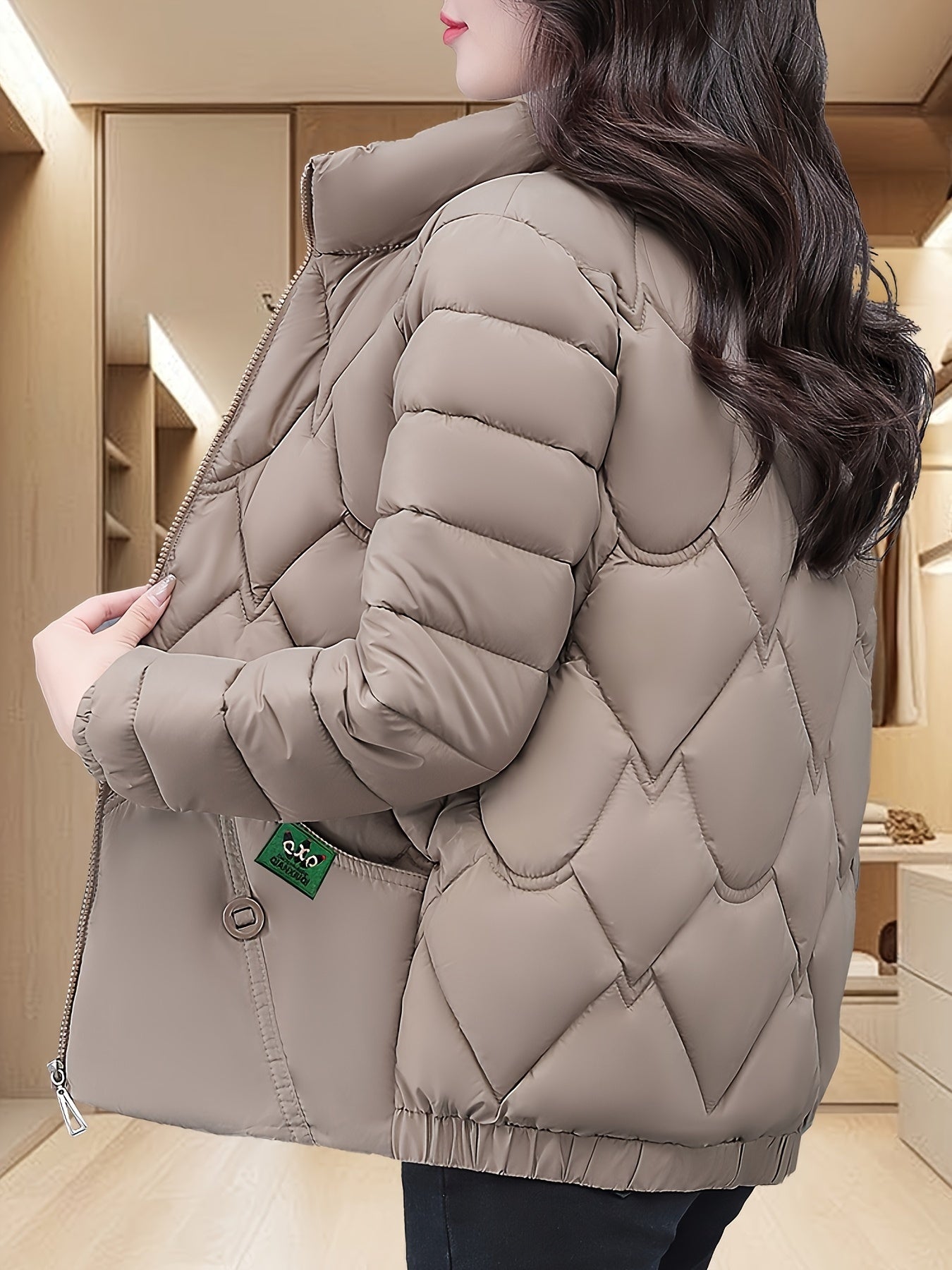 Women'S Embroidered Quilted Jacket, Casual Long Sleeve Polyester Coat, Non-Stretch H-Contoured Regular Fit, Pleated Hem, Thick Warm Winter Outerwear for Middle-Aged Moms