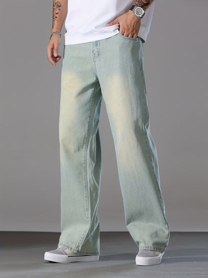 Men's Loose Solid Denim Barrel Pants With Pockets, Causal Cotton Blend Jeans For Outdoor Activities