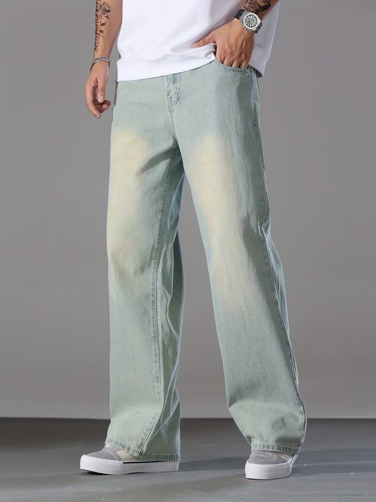 Men's Loose Solid Denim Barrel Pants With Pockets, Causal Cotton Blend Jeans For Outdoor Activities