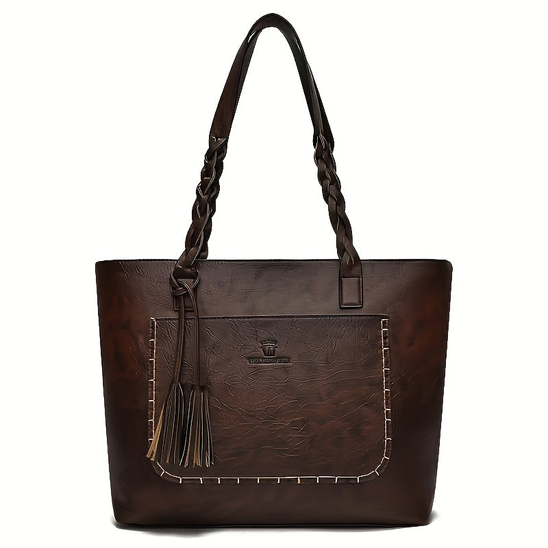 Elegant Large-Capacity Women’s PU Tote Bag with Tassel