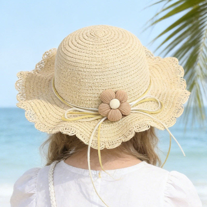 Kids' Paper Straw Hat with Lace Trim & Flower, Adjustable Strap